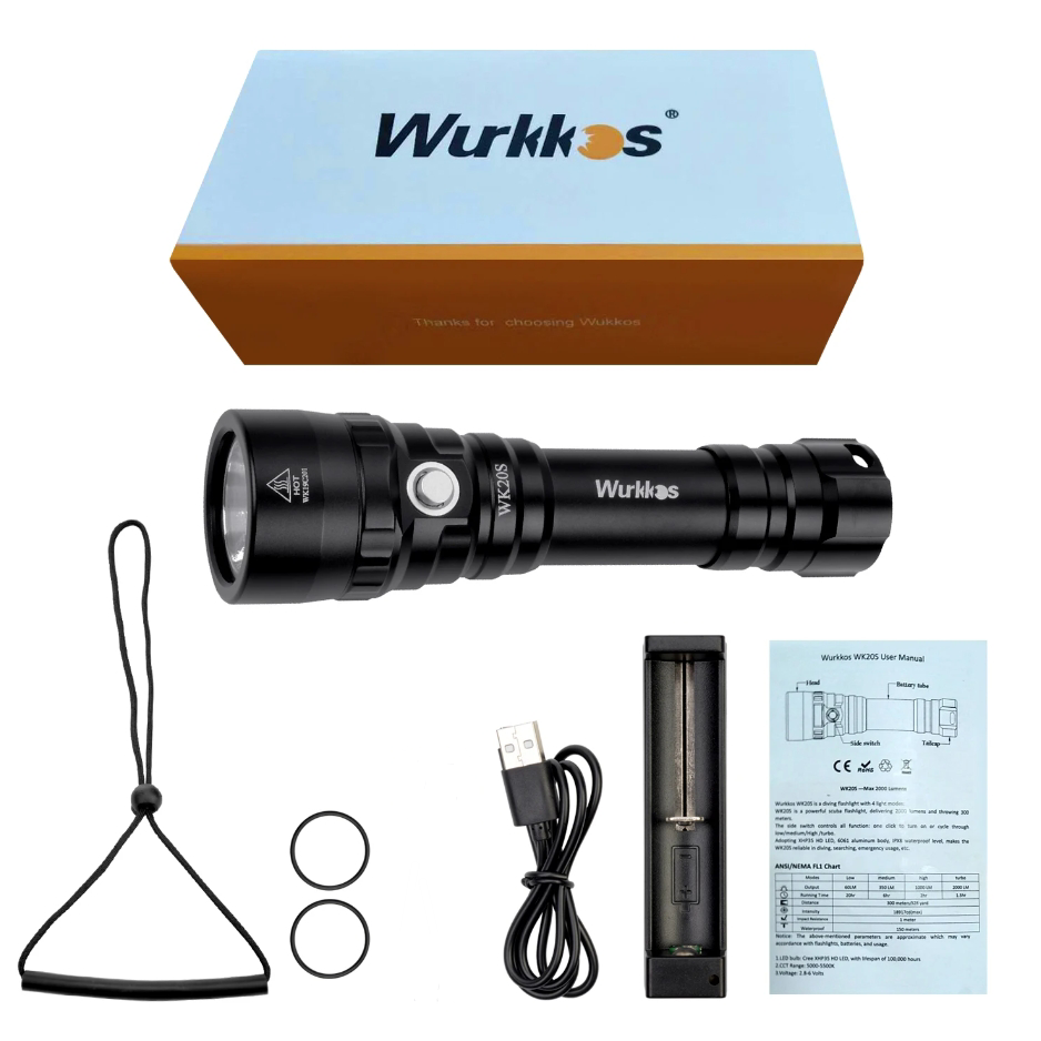 Wurkkos WK20S IP68 Waterproof 2000lm SST40 Long Throwing Underwater Torch Rechargeable Flashlight Diving Fishing Camping