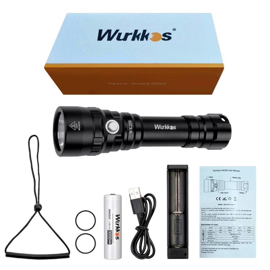 Wurkkos WK20S IP68 Waterproof 2000lm SST40 Long Throwing Underwater Torch Rechargeable Flashlight Diving Fishing Camping