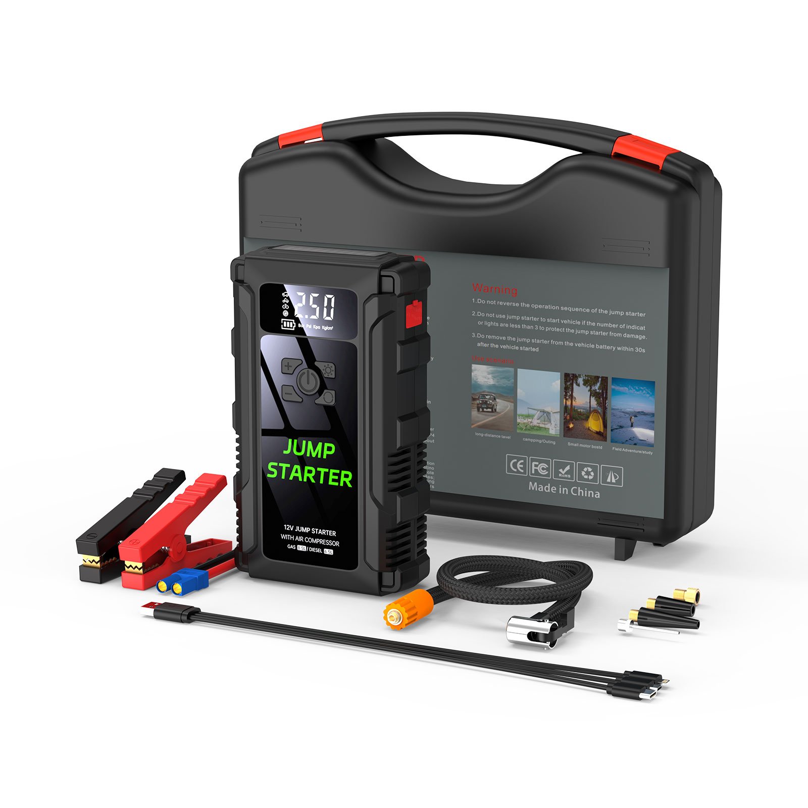 Car Jump Starter 2500a Jump Starter Battery Pack Jumper Start Compressor Jumper Air Pump Jumper Battery Charger Power Starter