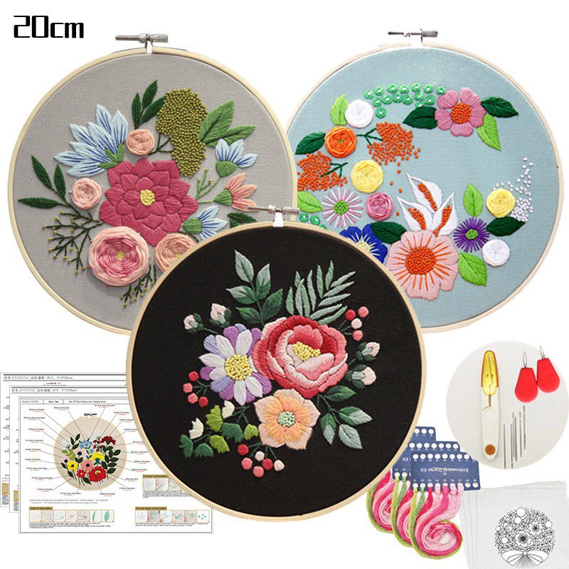 Wholesale 3 Set Starter Embroidery Kit for Beginners Needlework Flower Pattern Sewing Craft Kit for Beginners DIY Embroidery Kit
