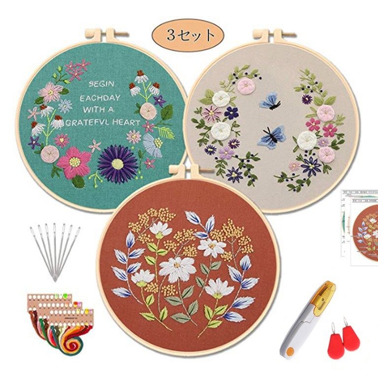 Wholesale 3 Set Starter Embroidery Kit for Beginners Needlework Flower Pattern Sewing Craft Kit for Beginners DIY Embroidery Kit