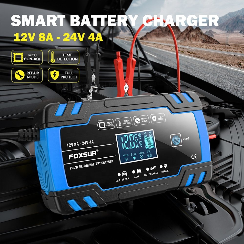 FOXSUR FBC122408D Smart 12V 8A 24V 4A Car Battery Charger Automobile Battery Voltage Tester