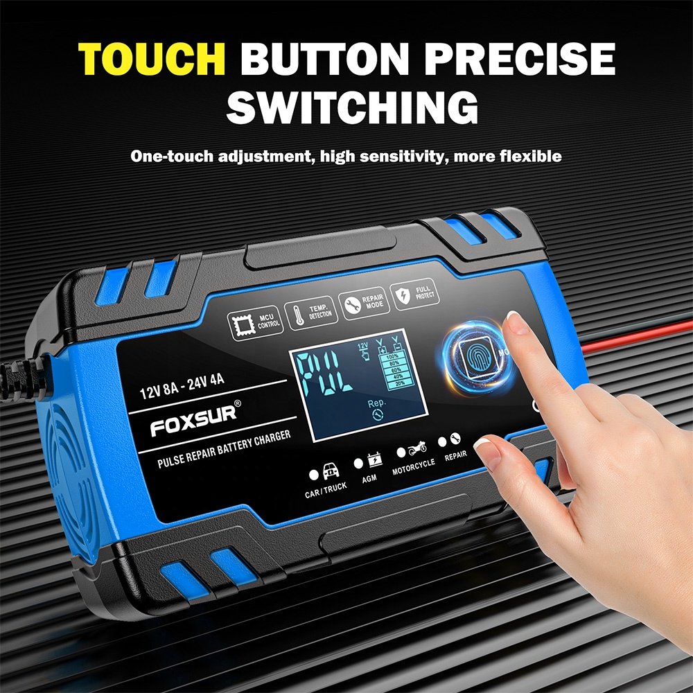 FOXSUR FBC122408D Smart 12V 8A 24V 4A Car Battery Charger Automobile Battery Voltage Tester
