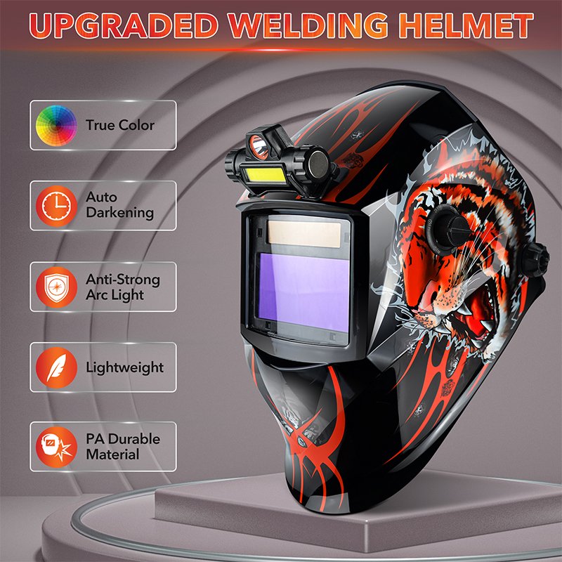 TRQ Men's Auto Dimming Welding Hood, Solar True Color Ribbon LED Headlight Welding Helmet Auto Darkening Welding Helmets