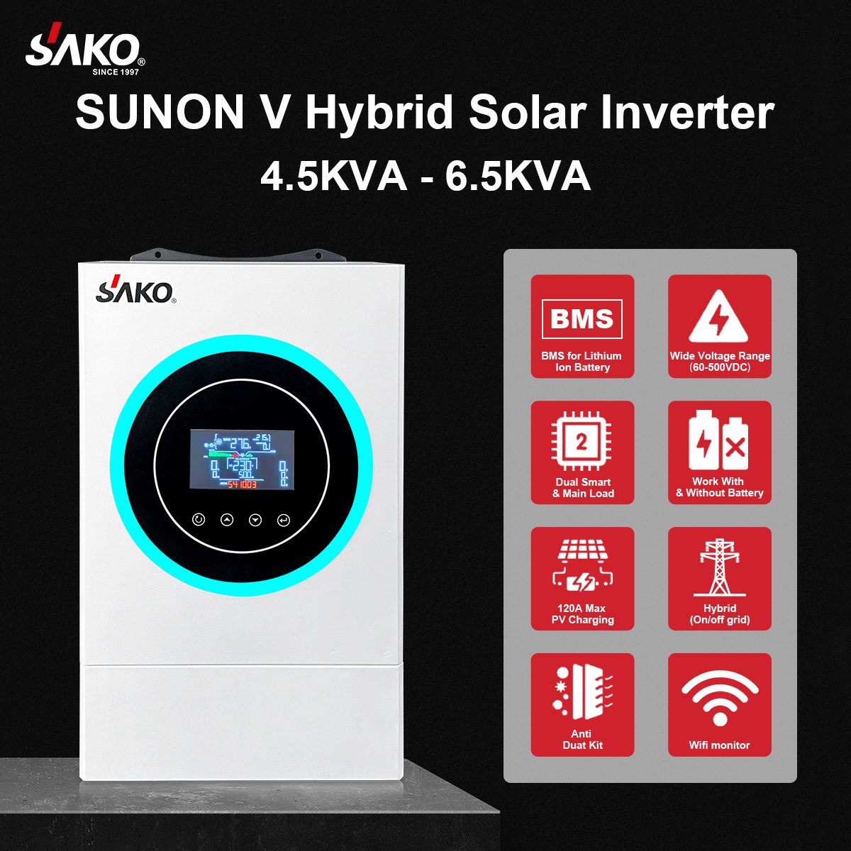 Sako Sunon V 4.5Kva 6.5Kva MPPT on Grid Off Grid Solar Panel Inverter 4.2Kw 6.2Kw Hybrid Solar Inverter Manufacturers in China