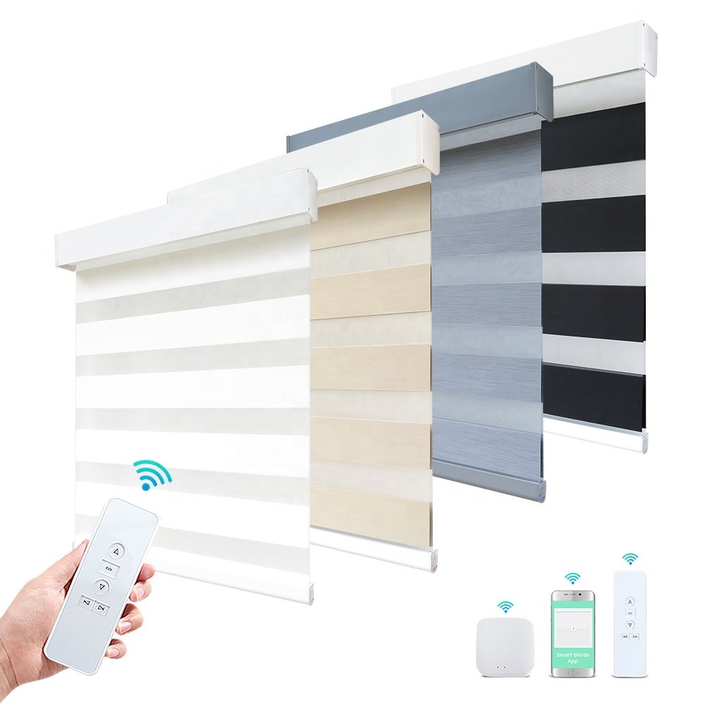 FREE SAMPLE Double Layers Luxury Smart Dual Roller Motor Blinds 100% Blackout Day Night Window Electric Motorized Zebra Blinds