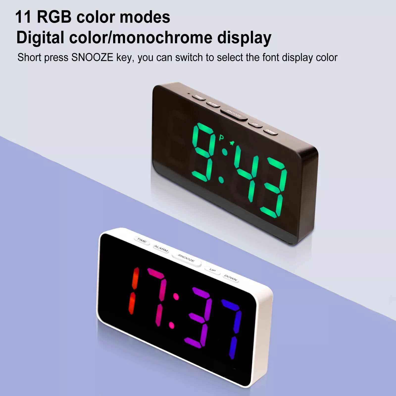 Modern Large Digital RGB Color Alarm Clock USB LED Clock Snooze Desktop Silent Electronic Clock for Hall Living Room Teens