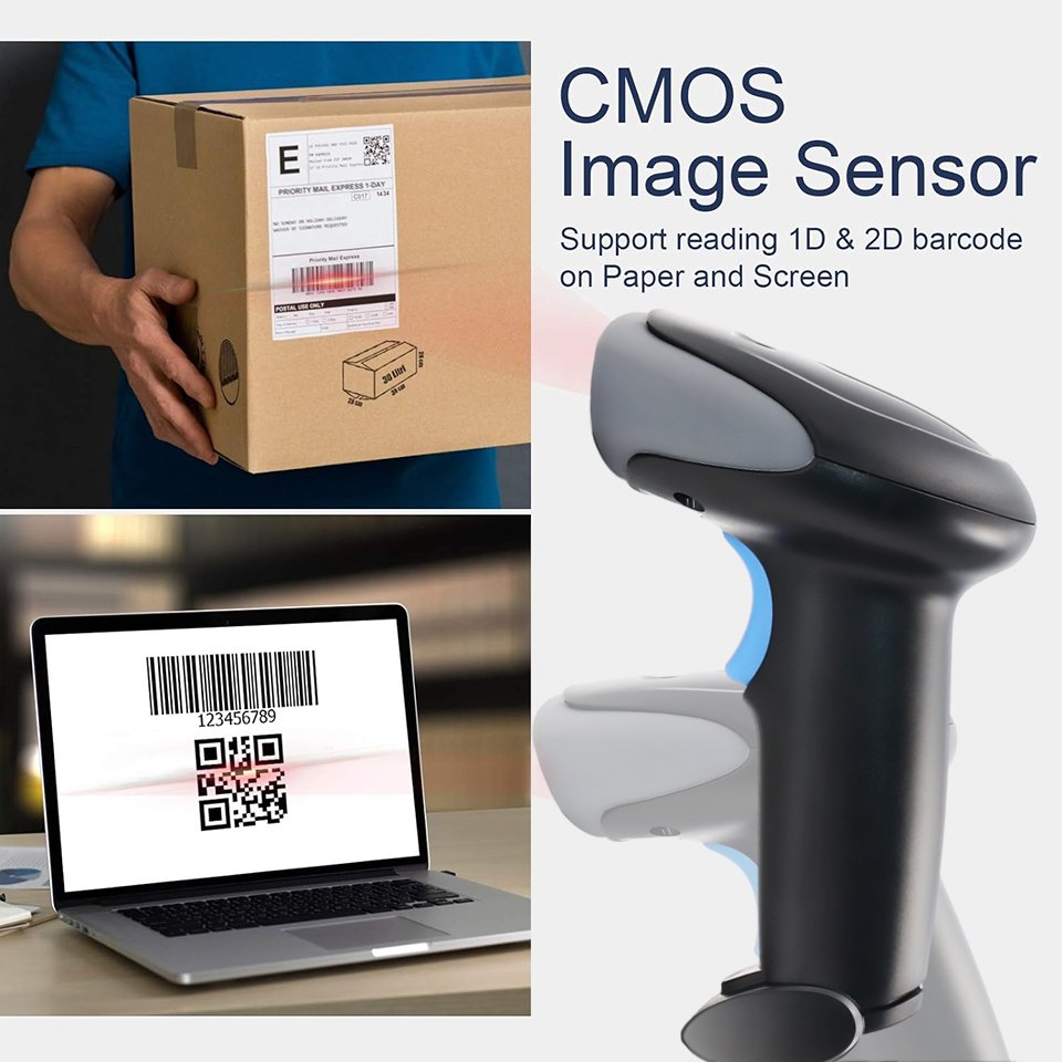 1D 2D QR Barcode Scanner Wireless with Battery Level Indicator Digital Printed Bar Code Reader Cordless Handheld Plug and Play