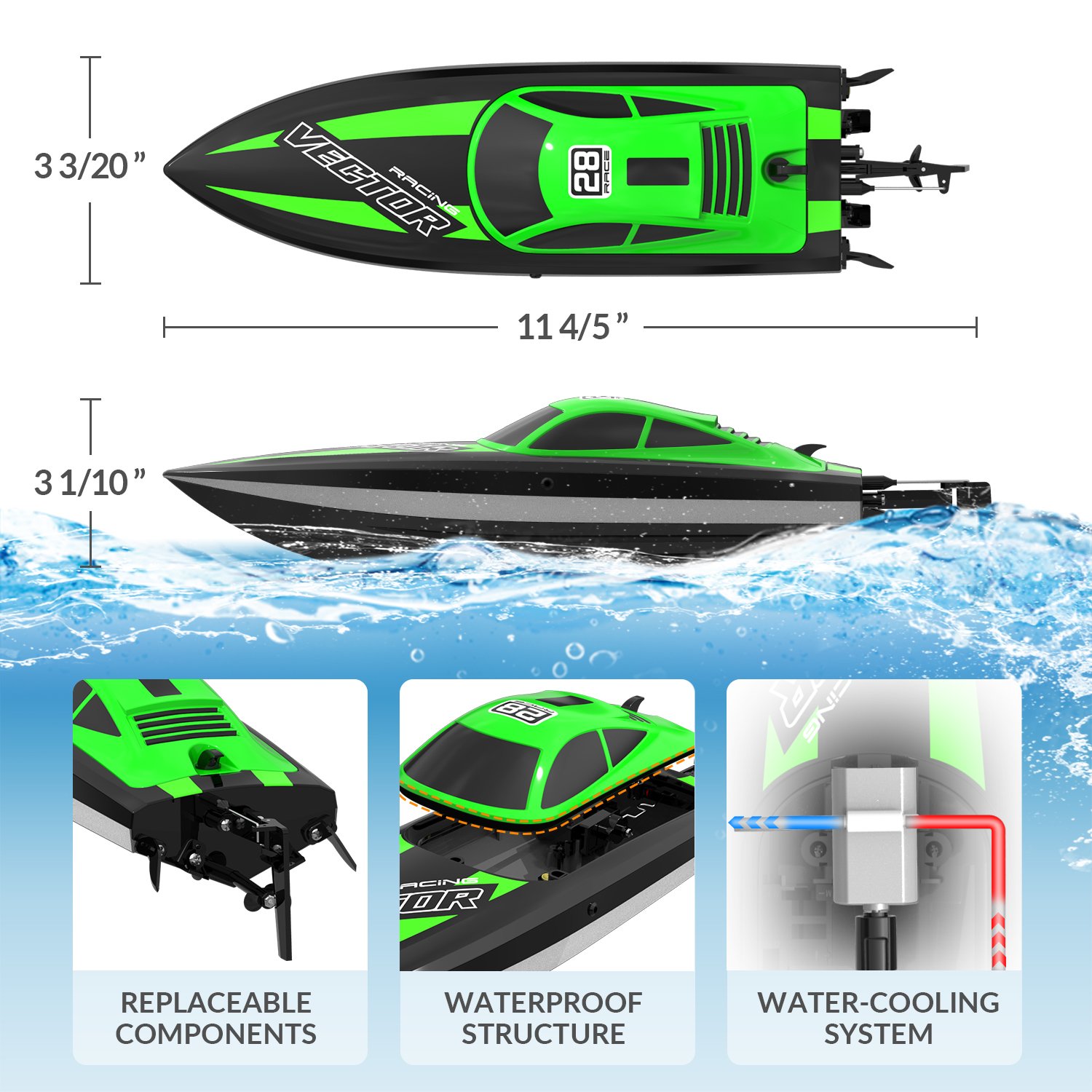 Volantex 2.4ghz Remote Control Boat Waterproof RC High Speed Fast Racing Pool Boats Electronic Toy for Kids Gift - Green