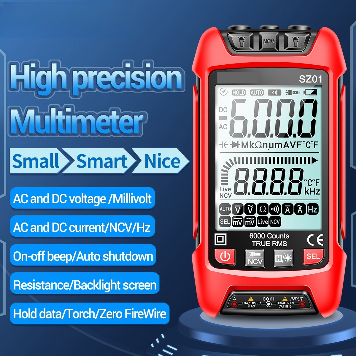 6000 Counts Digital Multimeter Auto Electrical Meter Temp Resistance Transistor Smart Multimeter