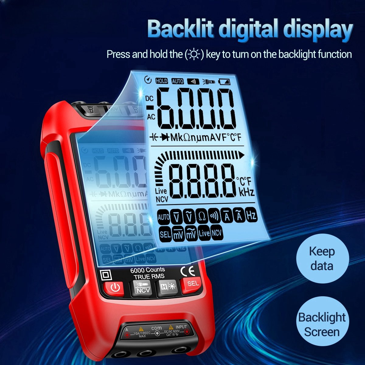 6000 Counts Digital Multimeter Auto Electrical Meter Temp Resistance Transistor Smart Multimeter
