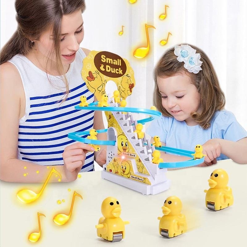 Battery Operated Plastic Auto Stair Climbing Sliding Railway Track Play Set 3 Ducks Roller Coaster Slot Toy with Light and Music