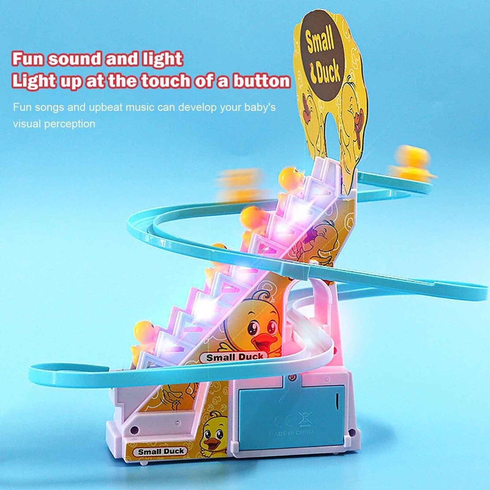 Battery Operated Plastic Auto Stair Climbing Sliding Railway Track Play Set 3 Ducks Roller Coaster Slot Toy with Light and Music