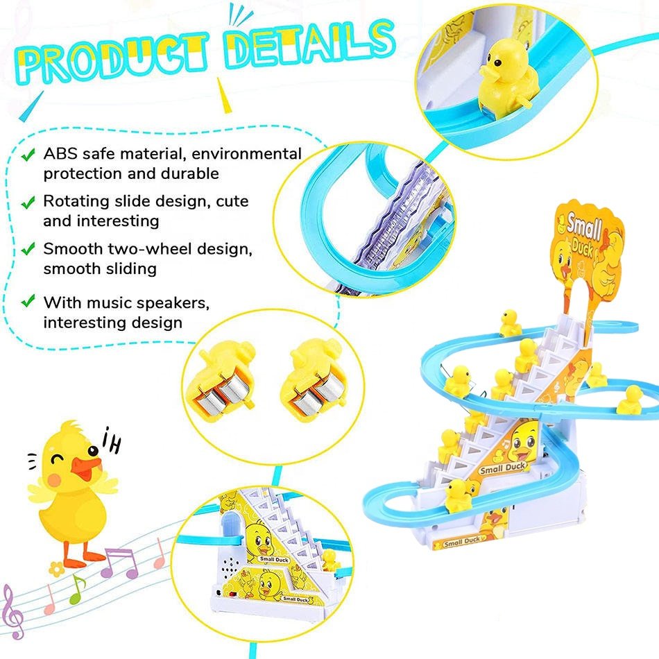 Battery Operated Plastic Auto Stair Climbing Sliding Railway Track Play Set 3 Ducks Roller Coaster Slot Toy with Light and Music