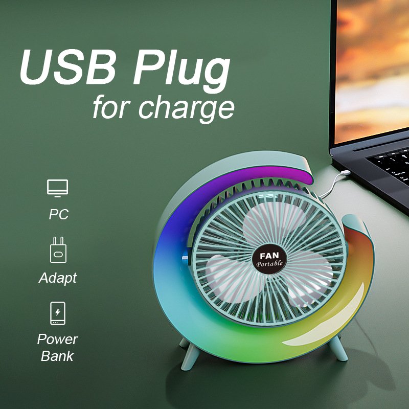 Wholesale Summer Camping Colourful LED Light Air Cool Rotatable Fans USB Battery Power Stand Portable Electric Mini Desktop Fan