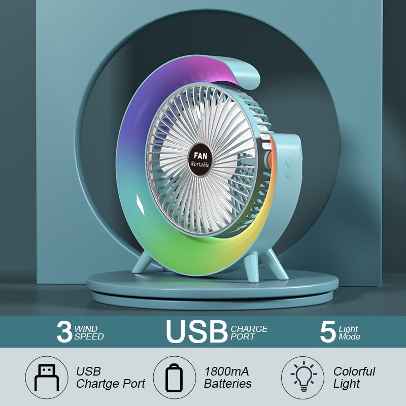 Wholesale Summer Camping Colourful LED Light Air Cool Rotatable Fans USB Battery Power Stand Portable Electric Mini Desktop Fan