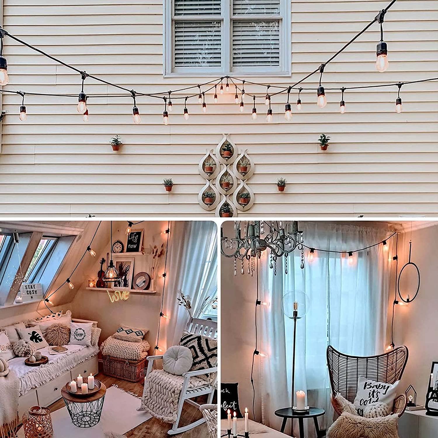 Solar Energy S14 String Lights 48ft 27ft Outdoor Indoor Decoration Holiday Lighting Garden Powered String Lights