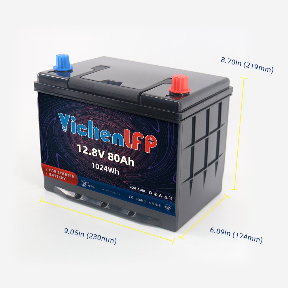 YICHENLFP Lithium-ion 12V Auto Starter Battery LFP 12.8V 80Ah CCA900 to Replace 60-90Ah SLA Lifepo4 Car Battery