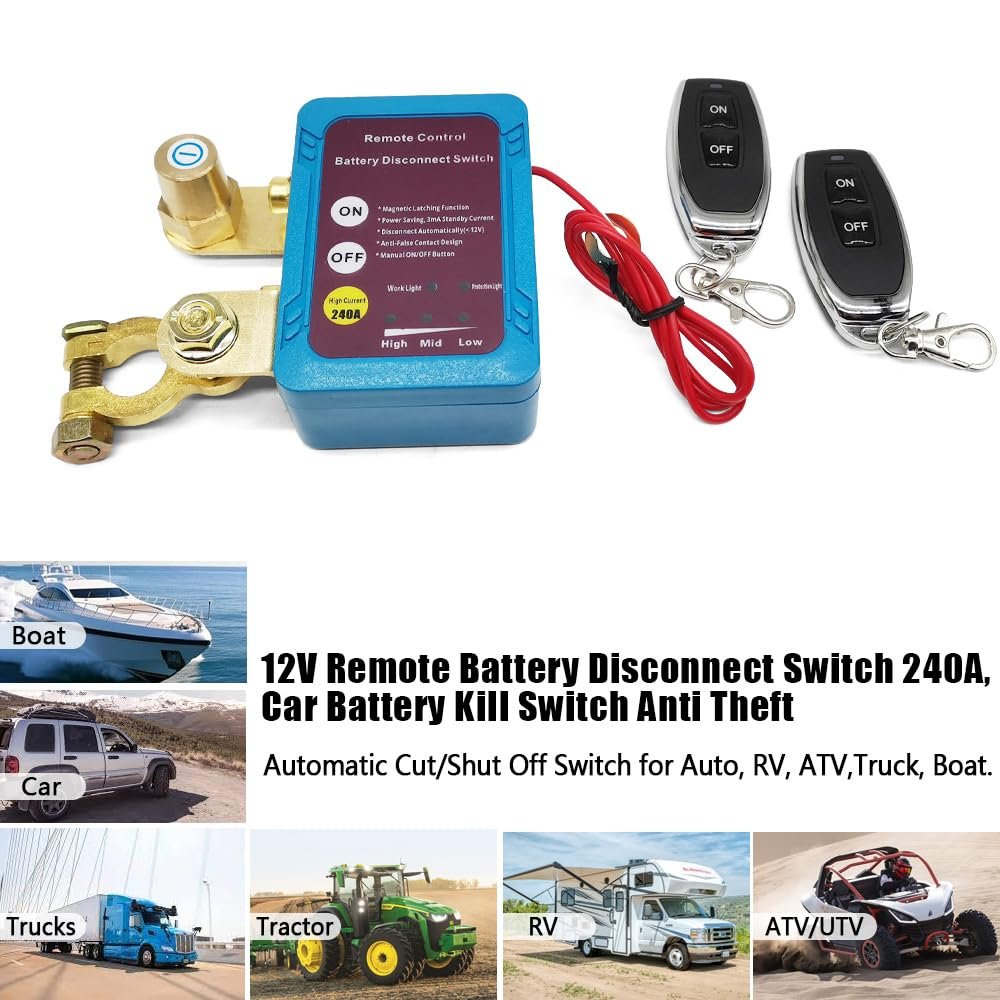 Remote Battery Disconnect Switch 12V 240A Power Kill Switch Shut On/Off Switch for Car Boat with Remote Control Keys