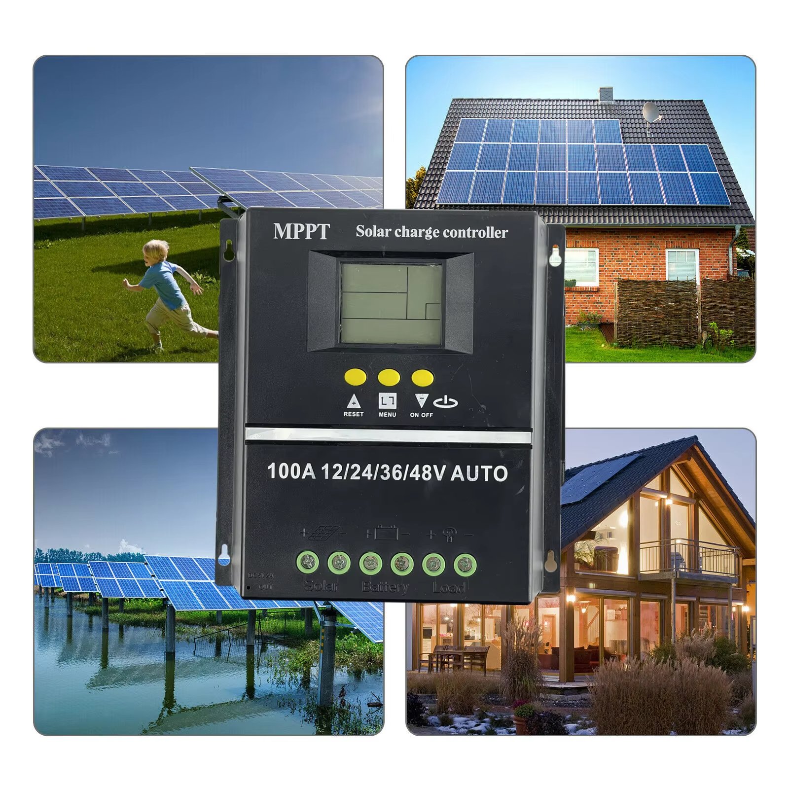 12V 24V 36V 48V Automatic Identification Home Intelligent Solar Charging Controller USB Manual DC 60A/80A/100A Solar Controller