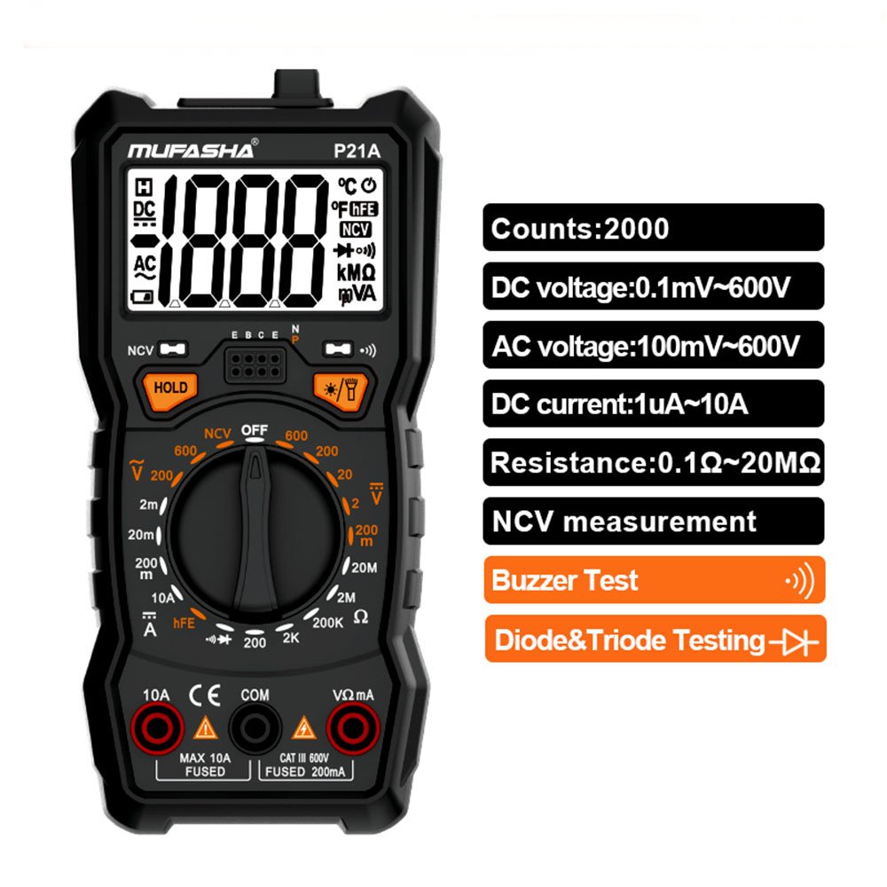 MUFASHA Portable Digital Multimeter with NCV Detection Professional Tester Meter AC/DC 2000 Counts Smart Voltage Voltmeter