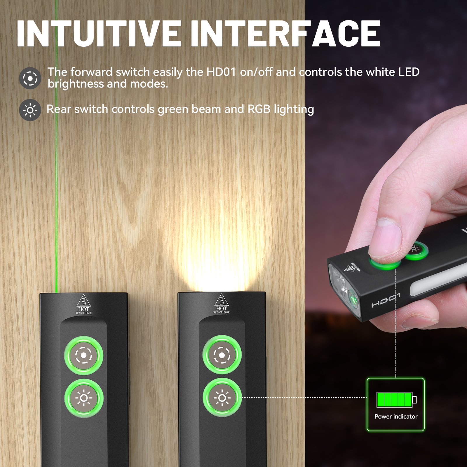 Wurkkos Portable 1200LM Torch with Green Beam White Light and 9Side RGB Lights IP66 Waterproof Multifunctional Flashlight