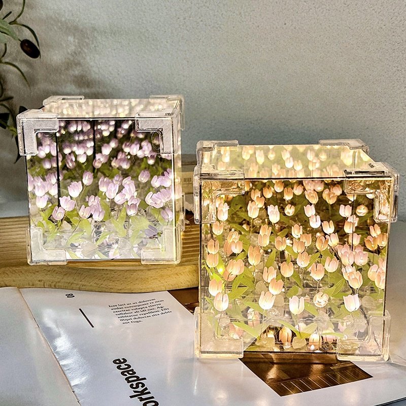 Acrylic DIY Tulip Square Lamp Bedside Nightlight Mirror LED Warm Colorful Projected Light Mini Table Bedroom Battery Switch