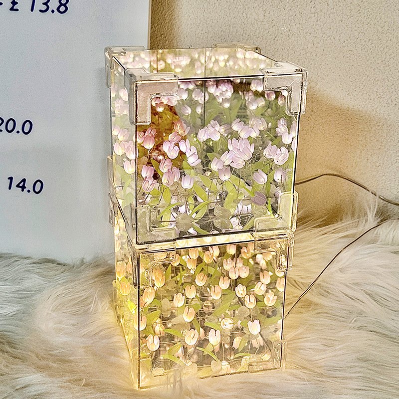Acrylic DIY Tulip Square Lamp Bedside Nightlight Mirror LED Warm Colorful Projected Light Mini Table Bedroom Battery Switch