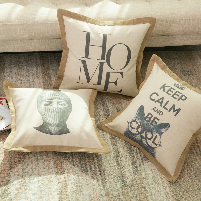 Vintage Home Decor Cotton Linen Printed Sofa Couch Pillow Case Cushion Cover with Hemp Piping
