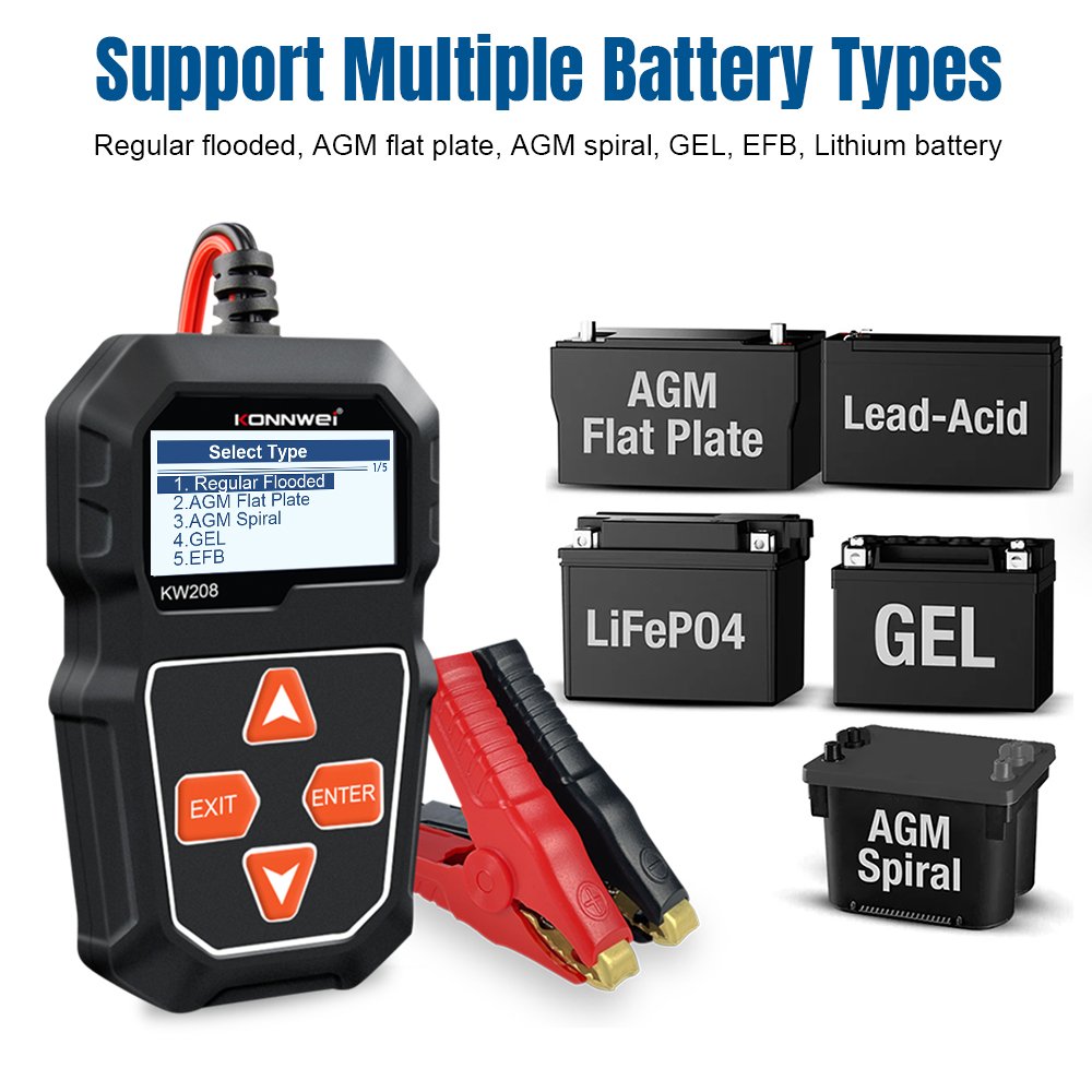 Factory Wholesale KONNWEI KW208 12V Battery Tester Car Electronic System Analyzer with 8 Languages