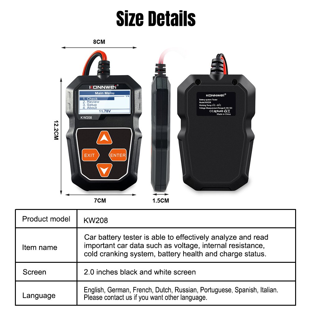 Factory Wholesale KONNWEI KW208 12V Battery Tester Car Electronic System Analyzer with 8 Languages
