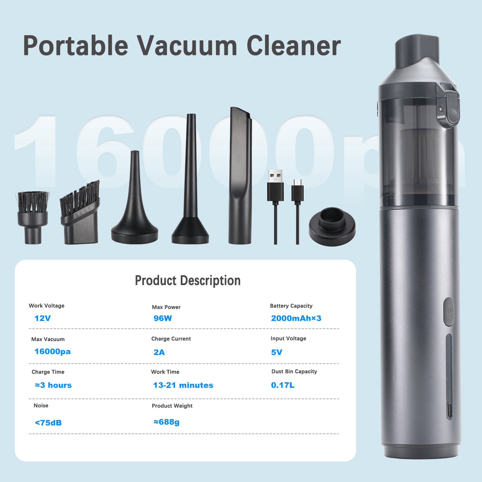 Cordless 16000Pa Portable Rechargeable Handheld Wireless Vacuum Cleaner for Vehicle Pet Hair Keyboard Desk Sofa Cleaning
