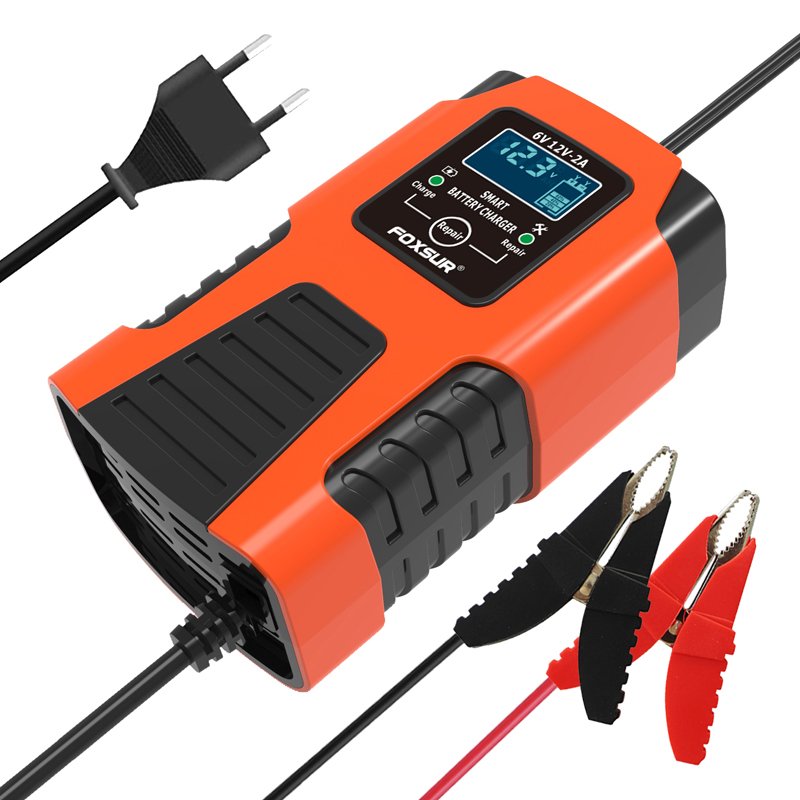 Foxsur Automatic Car Battery Charger 6V/12V 2Amp with LCD Display Intelligent Battery Charger