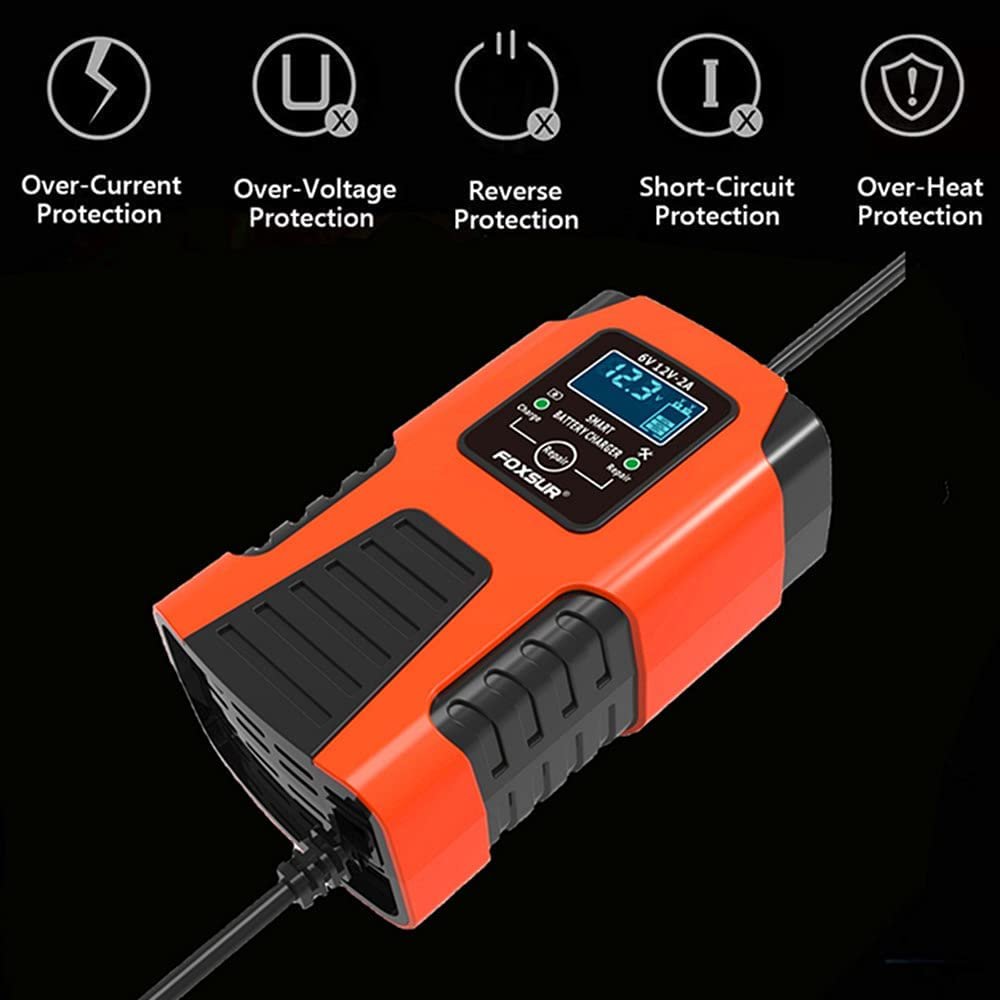 Foxsur Automatic Car Battery Charger 6V/12V 2Amp with LCD Display Intelligent Battery Charger