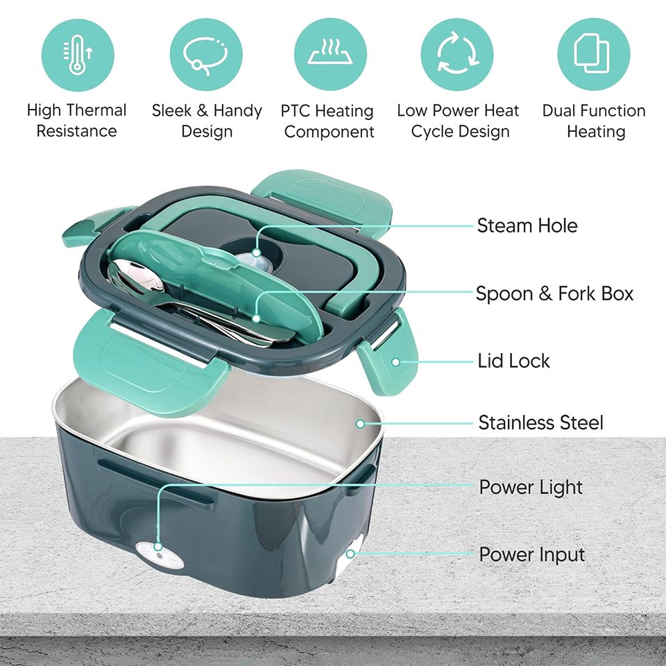 110v/12v Stainless Steel Liner Car Portable Pluggable Desktop Kids Warmer Heating Electric Lunch Box with Carry Bag
