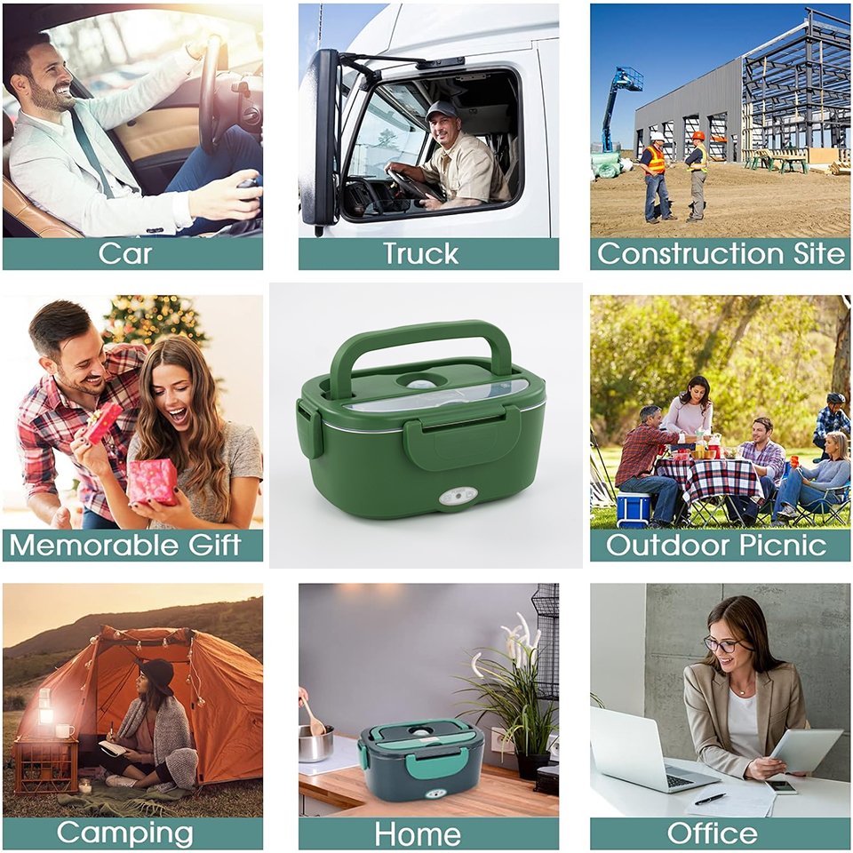 110v/12v Stainless Steel Liner Car Portable Pluggable Desktop Kids Warmer Heating Electric Lunch Box with Carry Bag