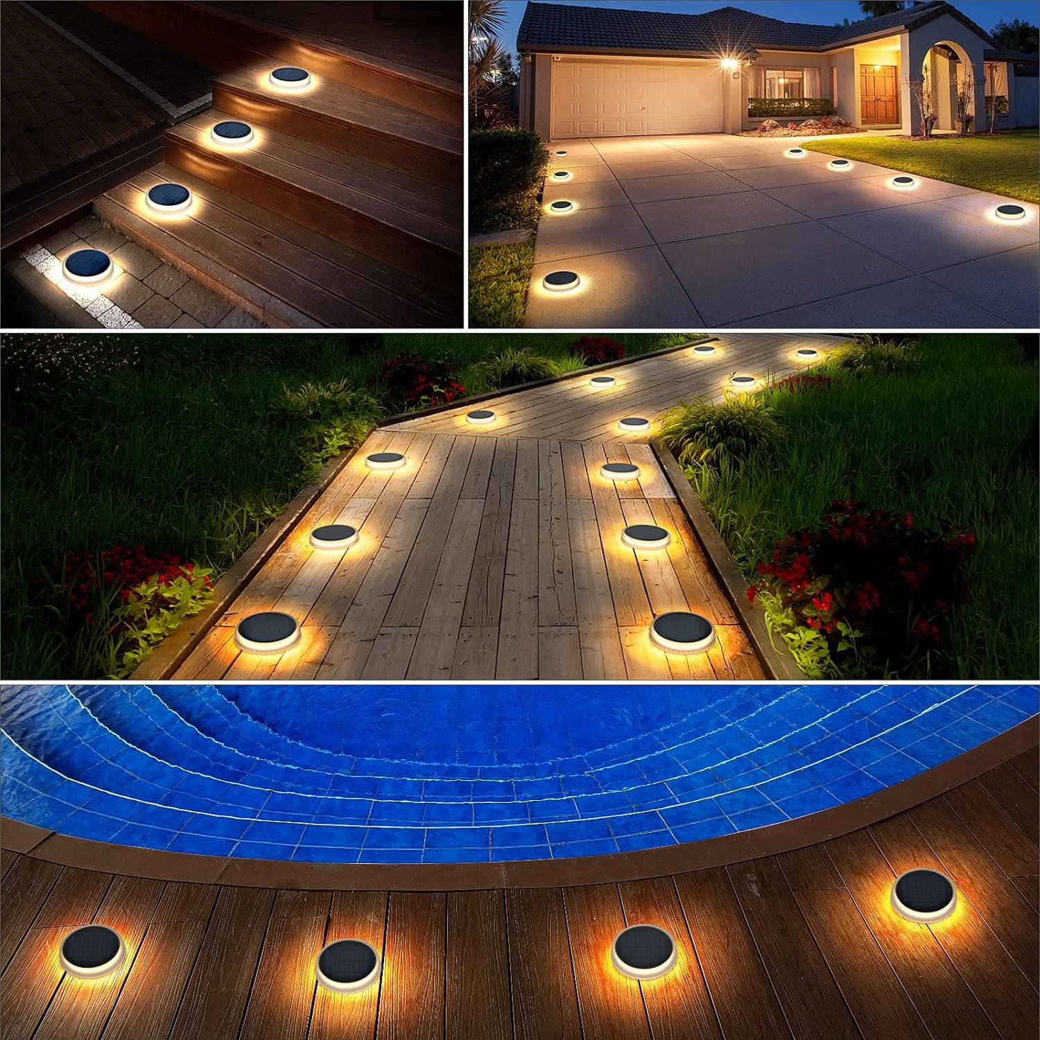 IP68 Waterproof Auto ON/Off Solar Powered Driveway Deck Lights 4 Pack for Outdoor Solar Stairs Step Fence Yard Patio LED Lights