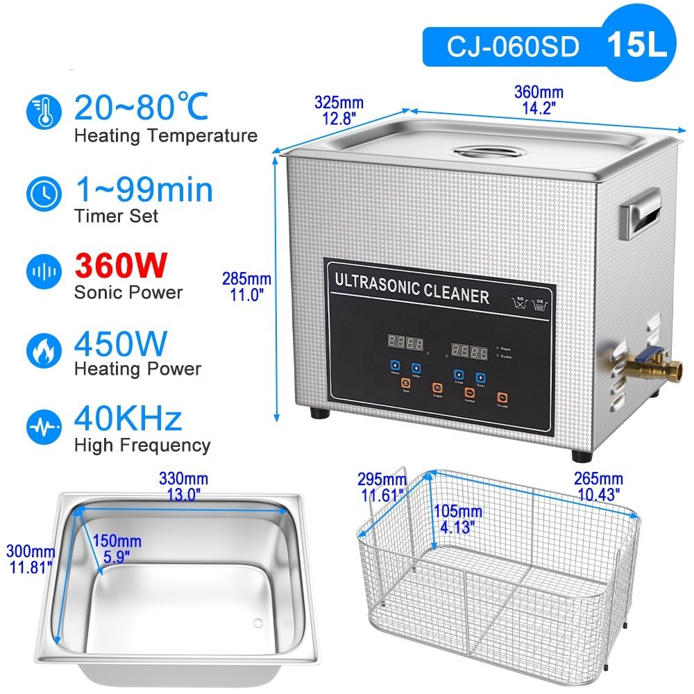 Desktop Stainless Steel Ultrasonic Cleaner 15L 3.96 Gal 360 W & 480 W & 540 W Digital Semiwaves & Full-wave Work Alternately
