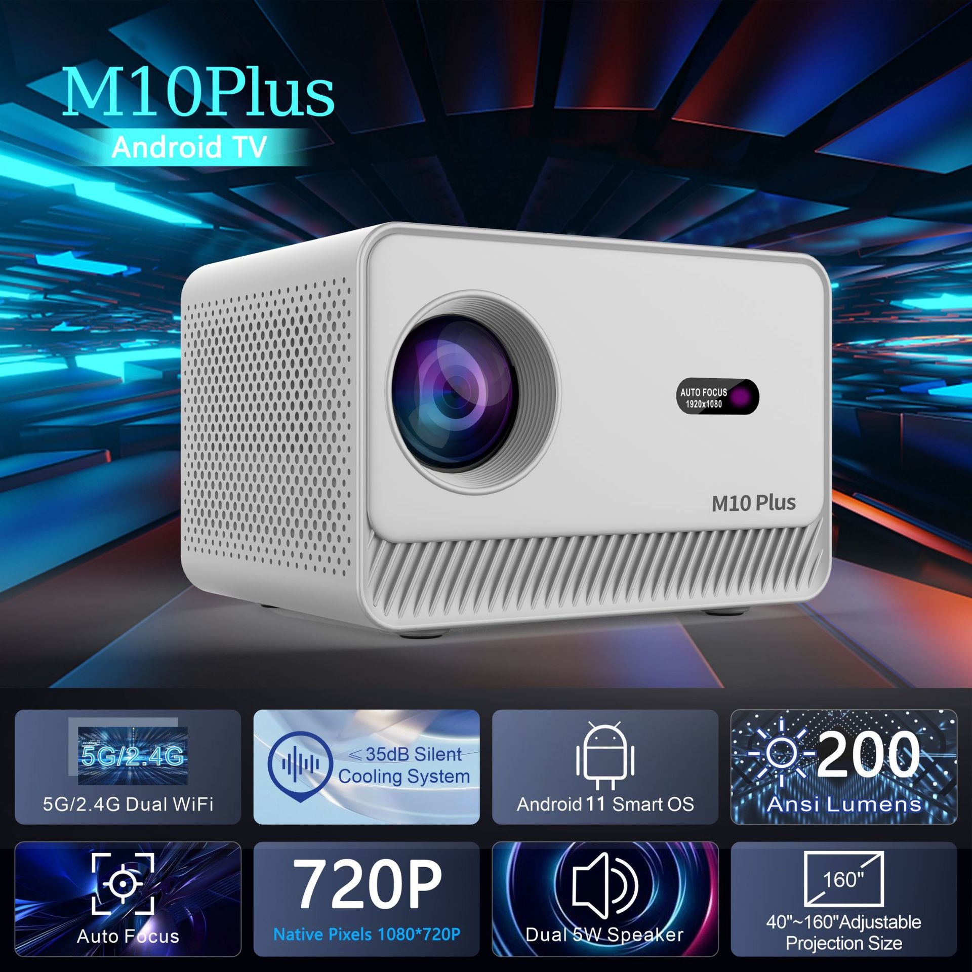 M10 Smart HD Portable Android Projector Auto-Focus 3D Features Home Use 200 Explosive LCD Lamp 720p Android 11 Home Battery