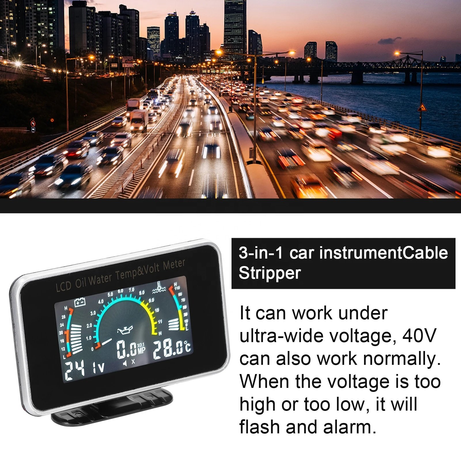 Universal Instrument 9-36V 3-in-1 Car LCD Meter Digital Oil Pressure Sensor Voltage Water Temperature Gauge for Car Truck SUV RV