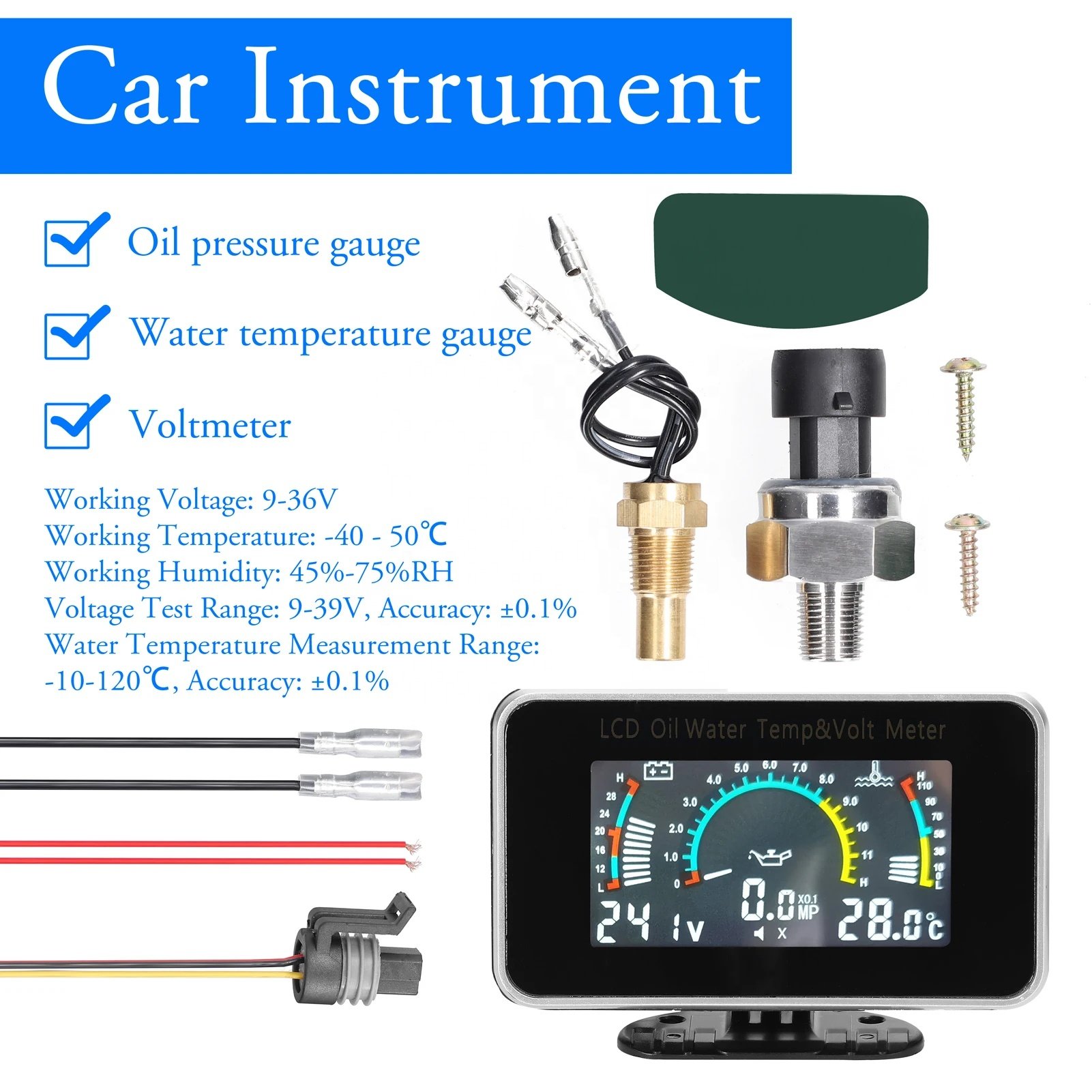 Universal Instrument 9-36V 3-in-1 Car LCD Meter Digital Oil Pressure Sensor Voltage Water Temperature Gauge for Car Truck SUV RV