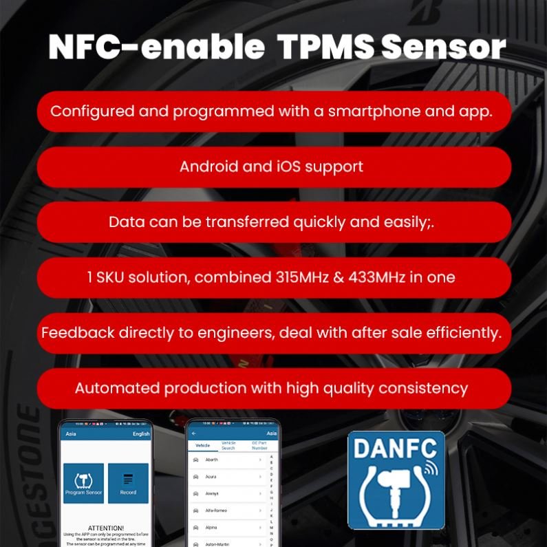 NFC Universal Tpms Sensor For Tool Car 433mhz+315mhz Programming by phone Tire Pressure Monitoring System Sensor