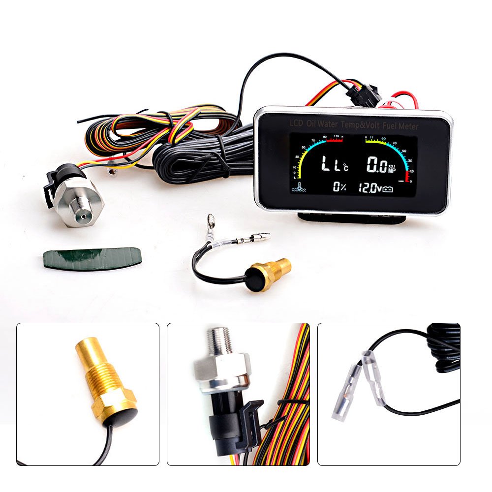 12v/24v 4 in 1 LCD Oil Pressure Voltmeter Volt Water Temperature Oil Fuel Gauge With 10mm Temp Sensor for Car Truck