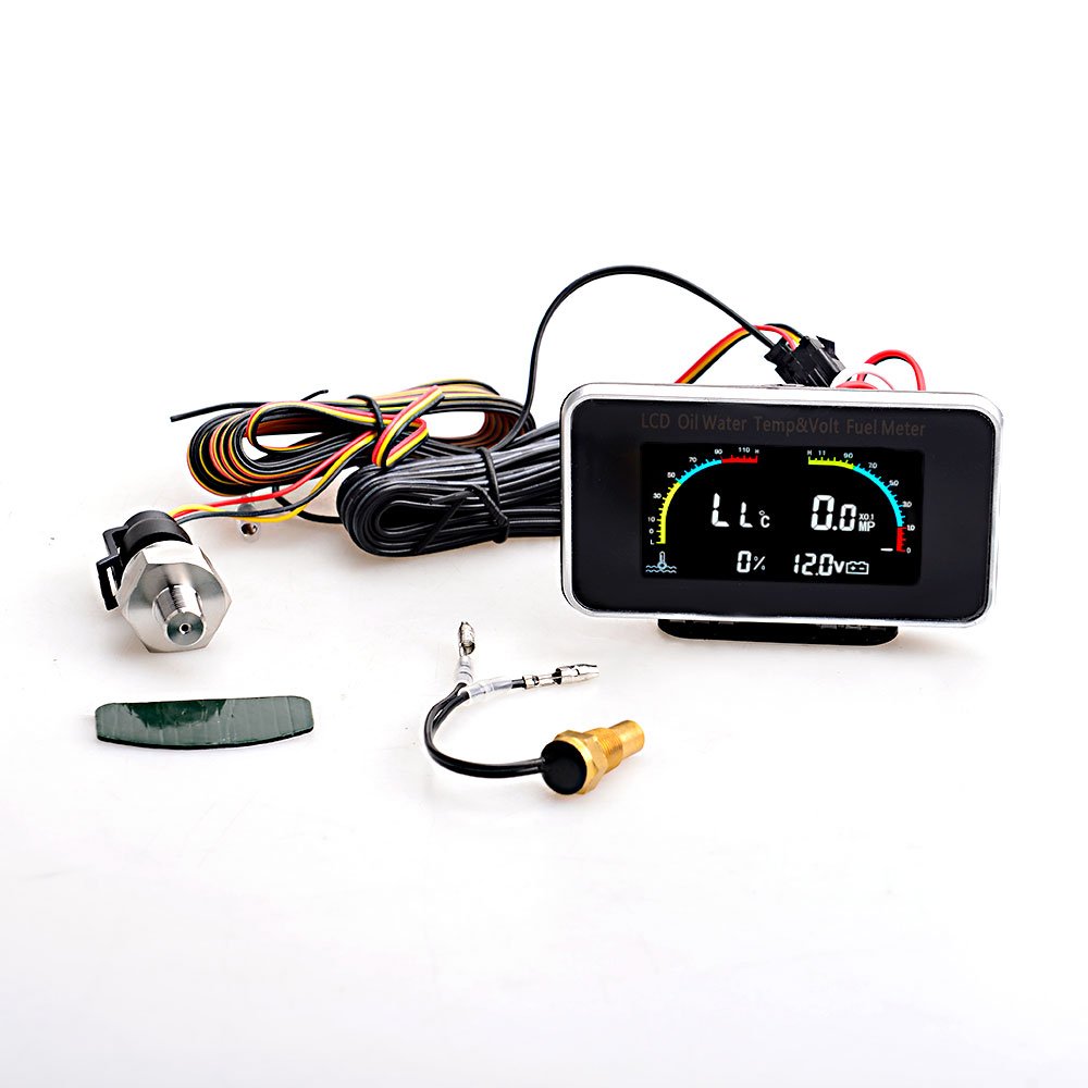 12v/24v 4 in 1 LCD Oil Pressure Voltmeter Volt Water Temperature Oil Fuel Gauge With 10mm Temp Sensor for Car Truck
