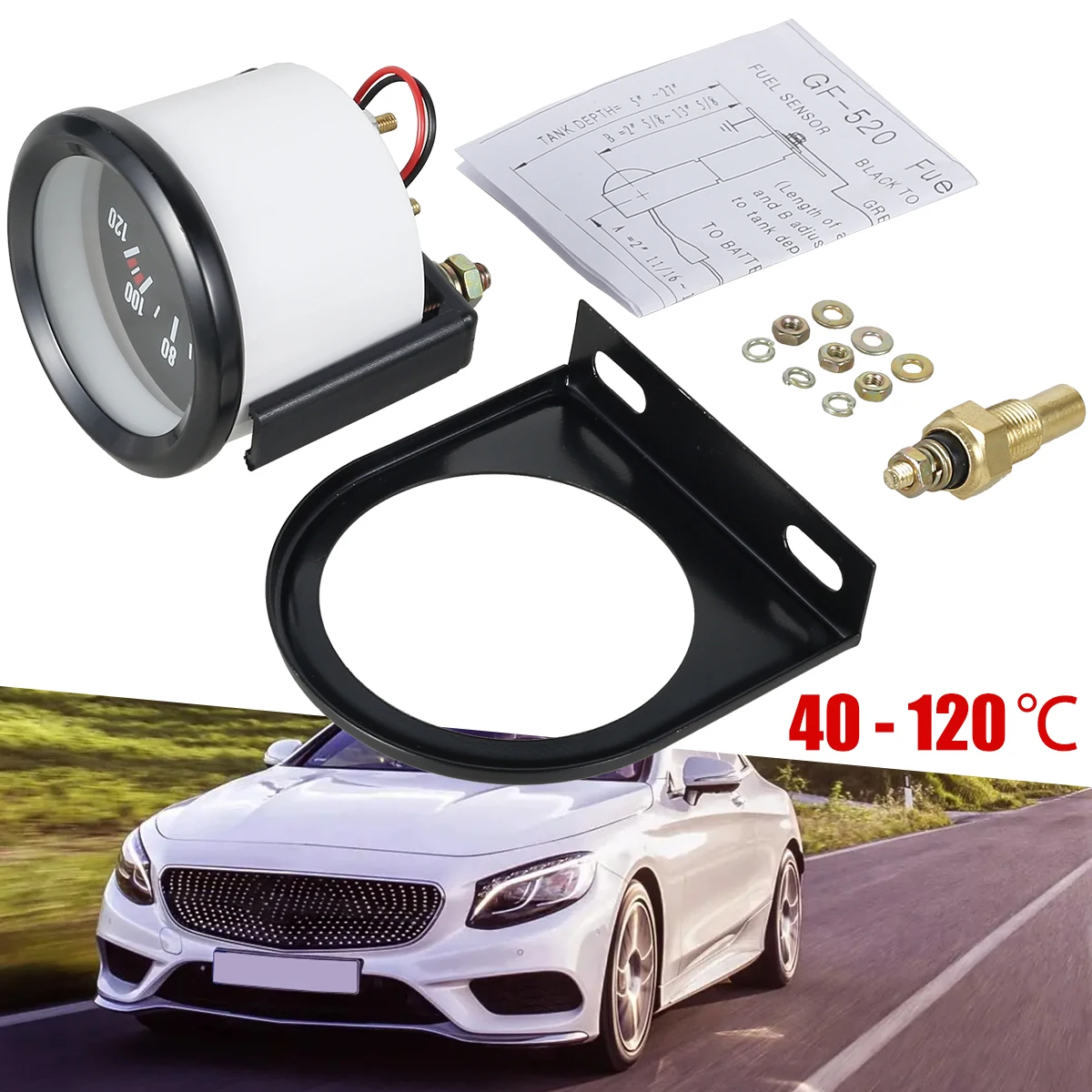 Hot Sale Water Temp Car Gauge 2" 52mm 40~120 Celsius 12V White Shell Auto Instrument With 10mm Sensor Water Temperature