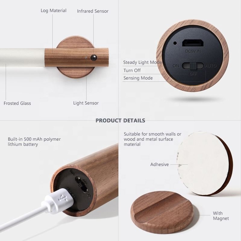 Decorative Black Walnut Ash Wood Auto PIR Motion Sensor LED Rechargeable Magnetic Night Light for Bedside Wardrobe Wall Lamp
