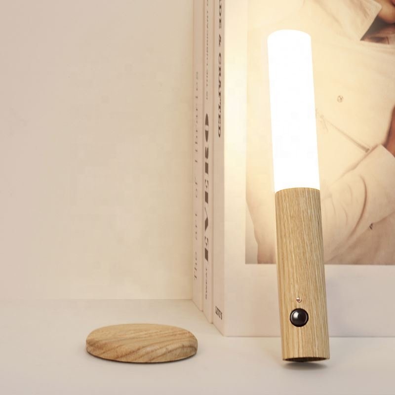 Decorative Black Walnut Ash Wood Auto PIR Motion Sensor LED Rechargeable Magnetic Night Light for Bedside Wardrobe Wall Lamp