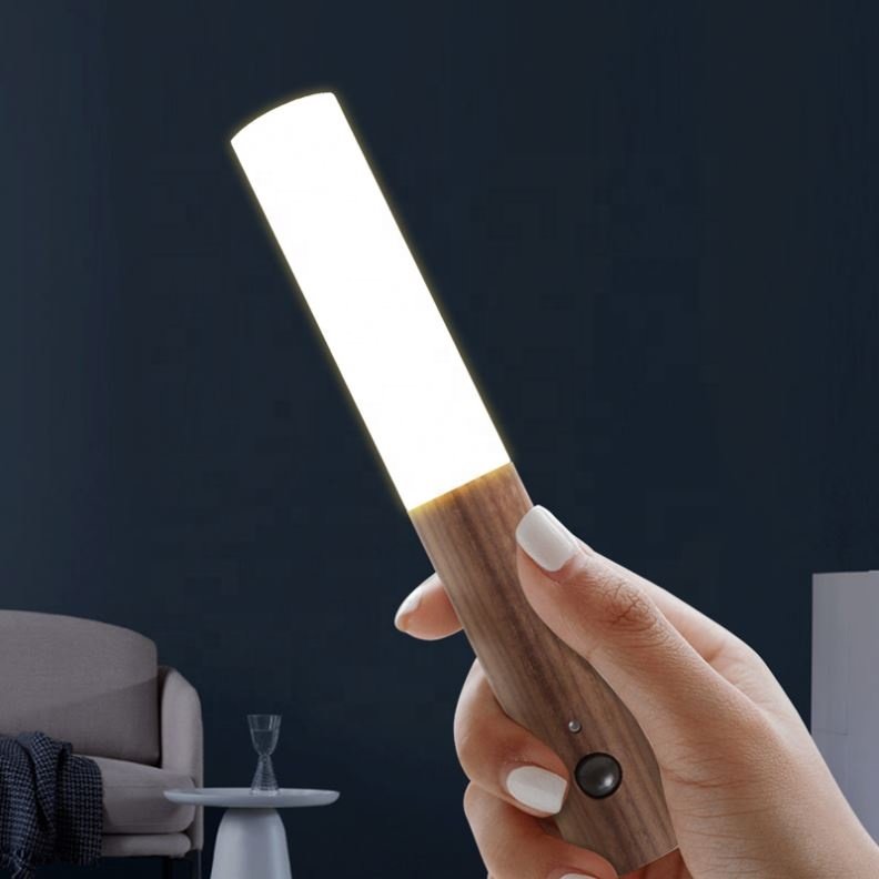 Decorative Black Walnut Ash Wood Auto PIR Motion Sensor LED Rechargeable Magnetic Night Light for Bedside Wardrobe Wall Lamp