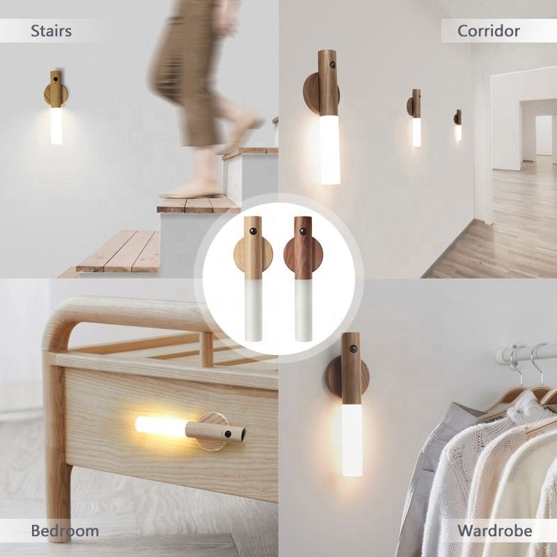 Decorative Black Walnut Ash Wood Auto PIR Motion Sensor LED Rechargeable Magnetic Night Light for Bedside Wardrobe Wall Lamp