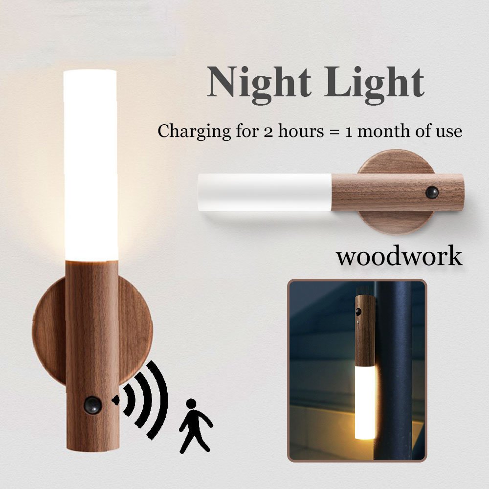 Auto LED USB Magnetic Wood Wireless Night Light Corridors Porch Lights Motion Sensor Wall Light Cabinet Lamp Night Led